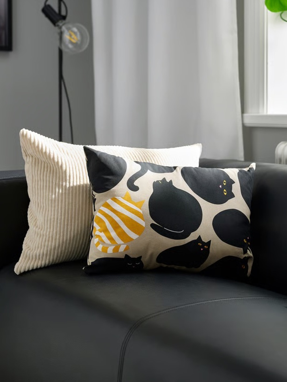 Decorative Black Cat Pattern Throw Pillow with Yellow Accent